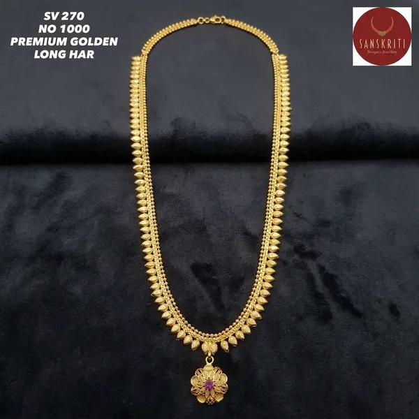 Gold_Micro_Polish_Mango_Motif_Floral_Pendant_Long_Haar_Necklace_For_Women