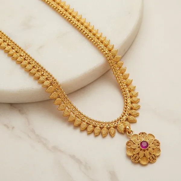Gold_Micro_Polish_Mango_Motif_Floral_Pendant_Long_Haar_Necklace_For_Women