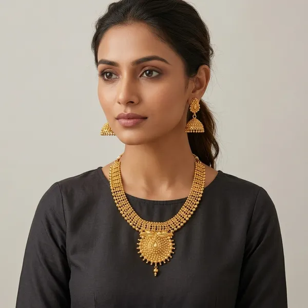 Gold_Micro_Polish_Deity_Motif_Short_Haar_Necklace_Set_For_Women