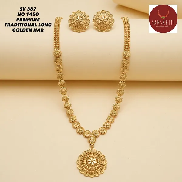 Gold_Micro_Polish_Floral_Long_Haar_Necklace_Set_With_Earrings_For_Women