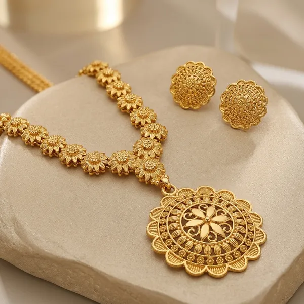 Gold_Micro_Polish_Floral_Long_Haar_Necklace_Set_With_Earrings_For_Women