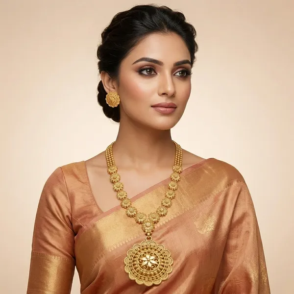 Gold_Micro_Polish_Floral_Long_Haar_Necklace_Set_With_Earrings_For_Women