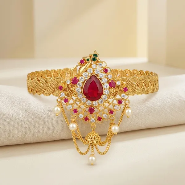 Gold_Micro_Polish_Cz_Red_Gemstone_Peacock_Bajuband_Armlet_For_Women