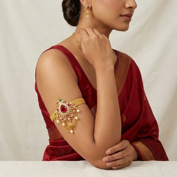 Gold_Micro_Polish_Cz_Red_Gemstone_Peacock_Bajuband_Armlet_For_Women