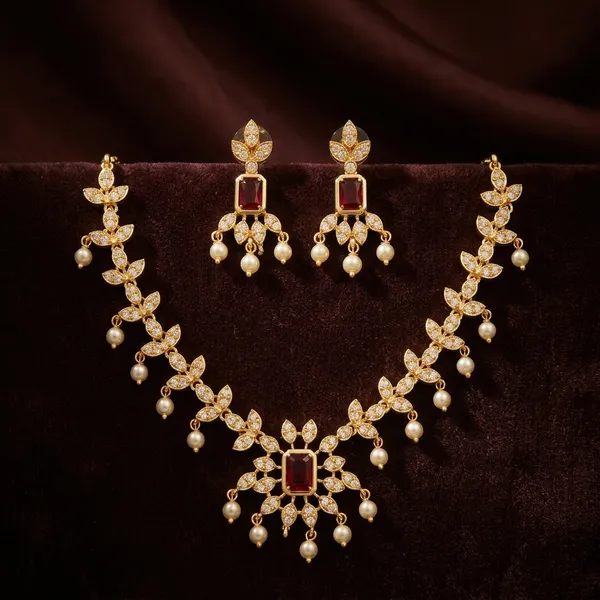 Gold_Micro_Polish_Ruby_Stone_Leaf_Pearl_Drop_Necklace_Set_For_Women