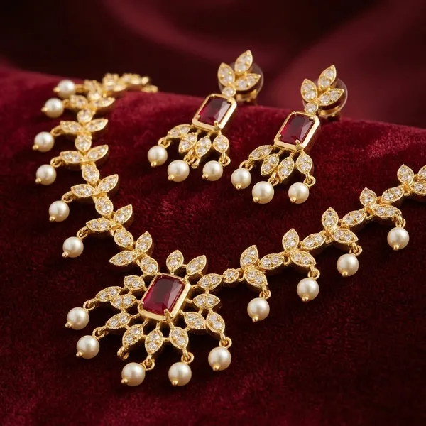 Gold_Micro_Polish_Ruby_Stone_Leaf_Pearl_Drop_Necklace_Set_For_Women