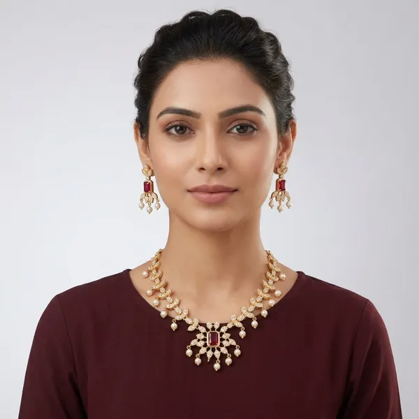 Gold_Micro_Polish_Ruby_Stone_Leaf_Pearl_Drop_Necklace_Set_For_Women