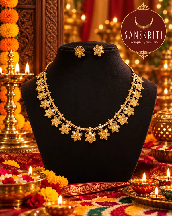 Golden_floral_short_necklace-earrings_set