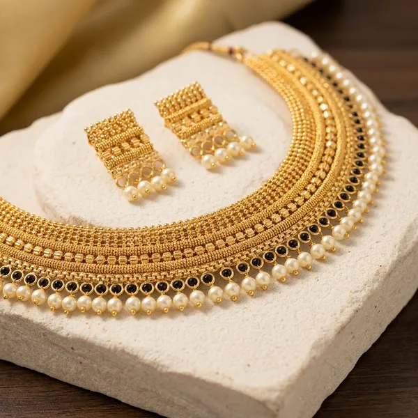 Gold_Micro_Polish_Pearl_Drop_Traditional_Short_Haar_Necklace_Set_For_Women