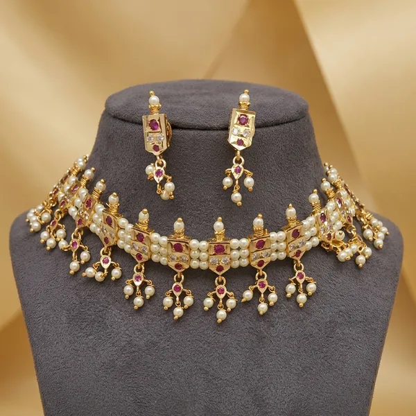 Gold_Plated_Cz_Ruby_Pearl_Chinchpeti_Choker_Set_For_Women