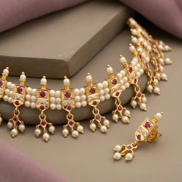 Gold_Plated_Cz_Ruby_Pearl_Chinchpeti_Choker_Set_For_Women