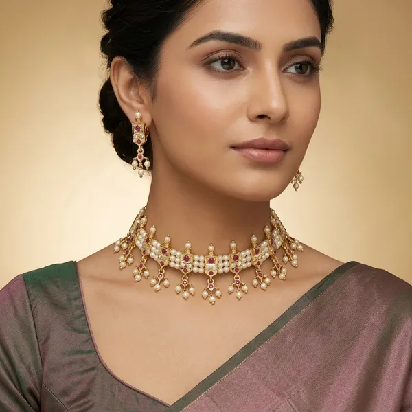 Gold_Plated_Cz_Ruby_Pearl_Chinchpeti_Choker_Set_For_Women