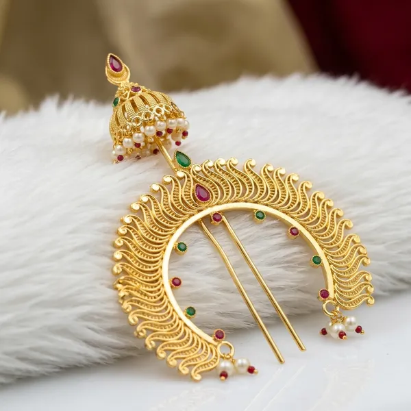 Gold_Plated_Cz_Peacock_Design_Jhumka_Veni_Hair_Accessory_For_Women