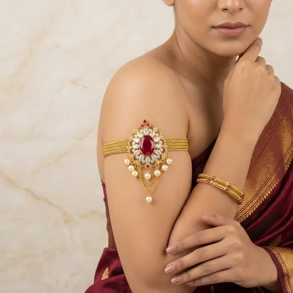 Gold_Plated_Cz_Ruby_Pearl_Floral_Bajuband_Armlet_For_Women