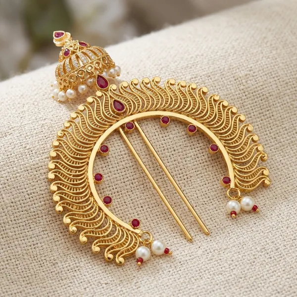 Gold_Cz_Red_Stone_Peacock_Veni_Juda_Pin_With_Jhumka_For_Women