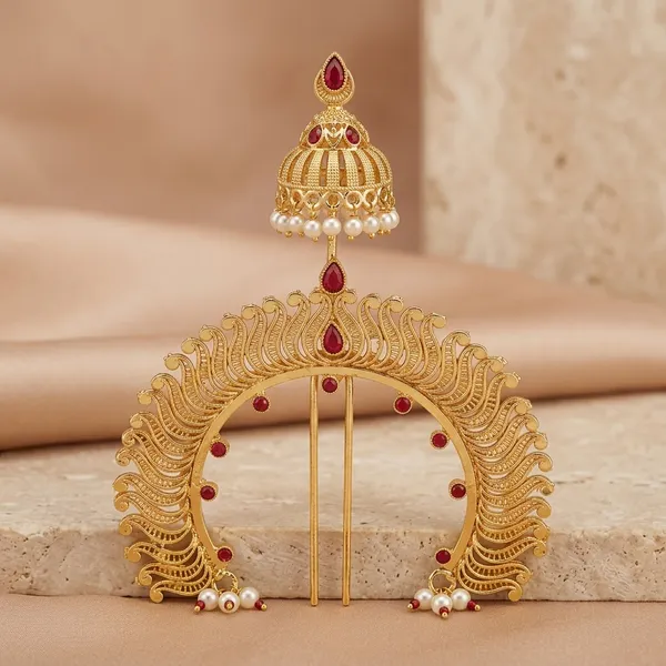 Gold_Cz_Red_Stone_Peacock_Veni_Juda_Pin_With_Jhumka_For_Women