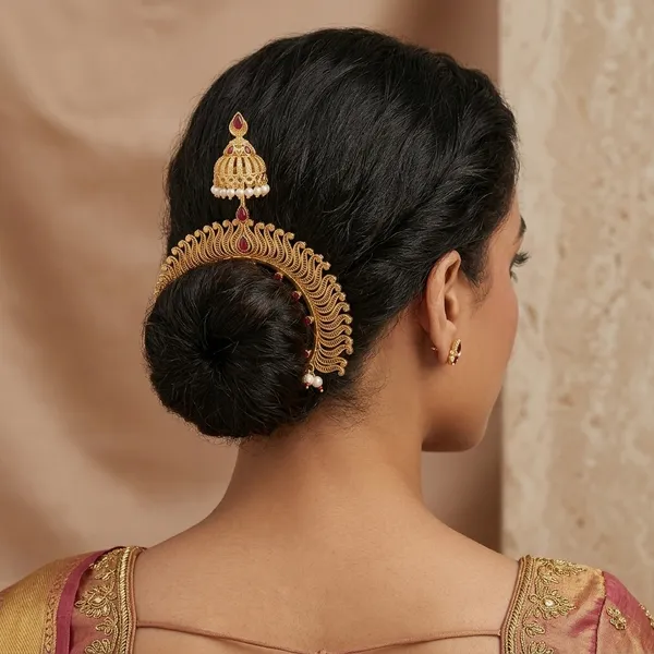 Gold_Cz_Red_Stone_Peacock_Veni_Juda_Pin_With_Jhumka_For_Women