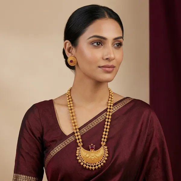 Gold_Plated_Ruby_Crescent_Pendant_Necklace_Set_For_Women