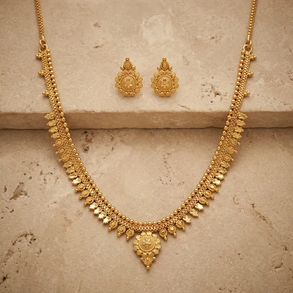Gold_Micro_Polish_Temple_Motif_Short_Haar_Necklace_Set_For_Women