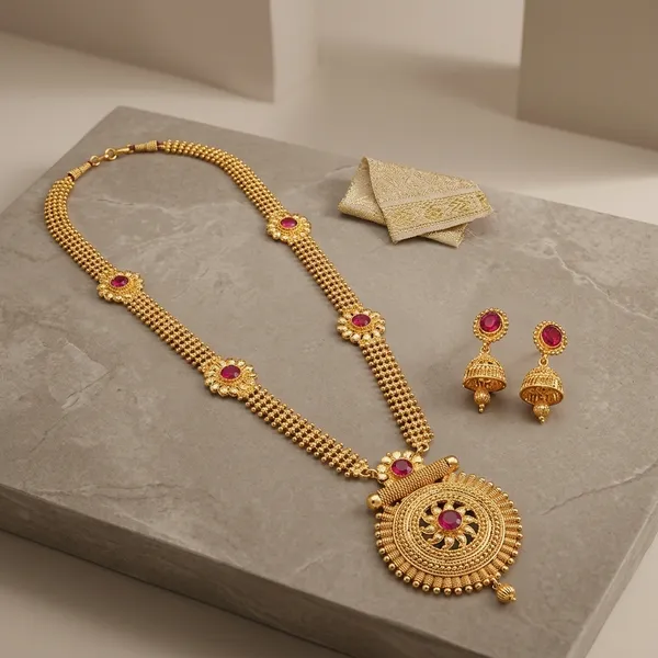 Gold_Micro_Polish_Ruby_Accented_Traditional_Long_Haar_Necklace_Set_For_Women