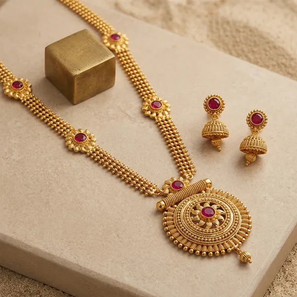 Gold_Micro_Polish_Ruby_Accented_Traditional_Long_Haar_Necklace_Set_For_Women