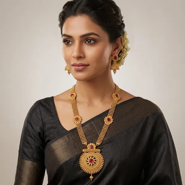 Gold_Micro_Polish_Ruby_Accented_Traditional_Long_Haar_Necklace_Set_For_Women
