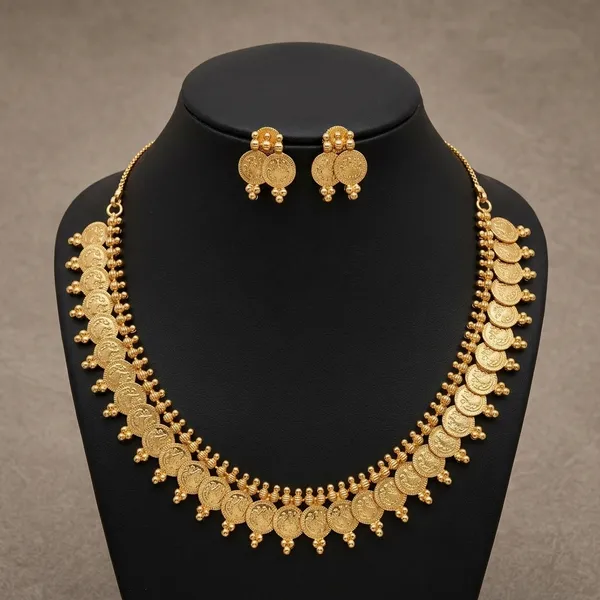 Gold_Micro_Polish_Coin_Motif_Short_Haar_Necklace_Set_For_Women