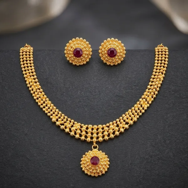 Gold_Micro_Polish_Ruby_Stone_Multi-Layer_Short_Haar_Necklace_Set_For_Women