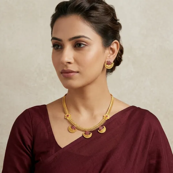 Gold_Micro_Polish_Ruby_Floral_Motif_Short_Har_Necklace_Set_For_Women