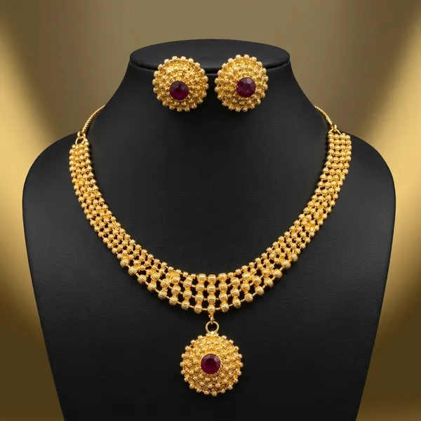 Gold_Micro_Polish_Ruby_Stone_Short_Haar_Necklace_Set_For_Women