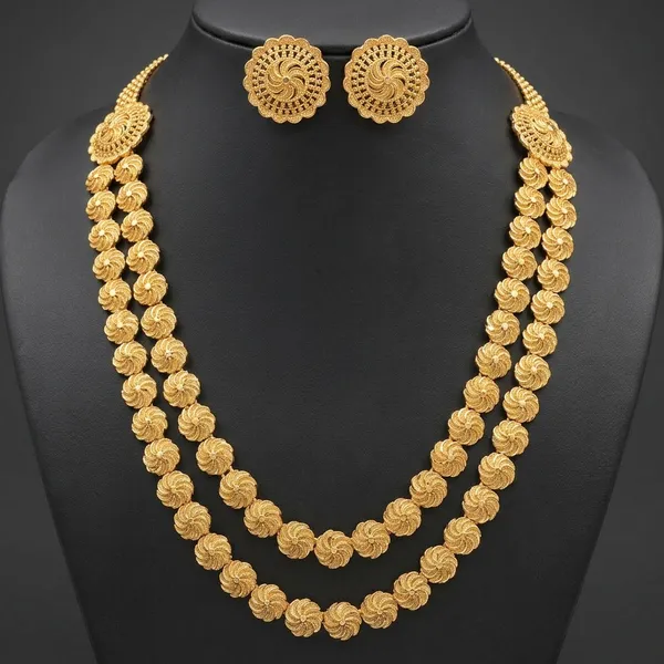 Gold_Micro_Polish_Floral_Medallion_Long_Haar_Necklace_Set_For_Women