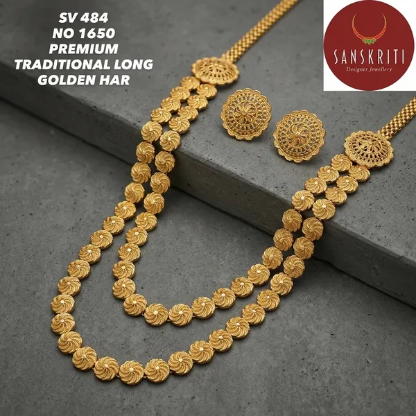 Gold_Micro_Polish_Floral_Medallion_Long_Haar_Necklace_Set_For_Women