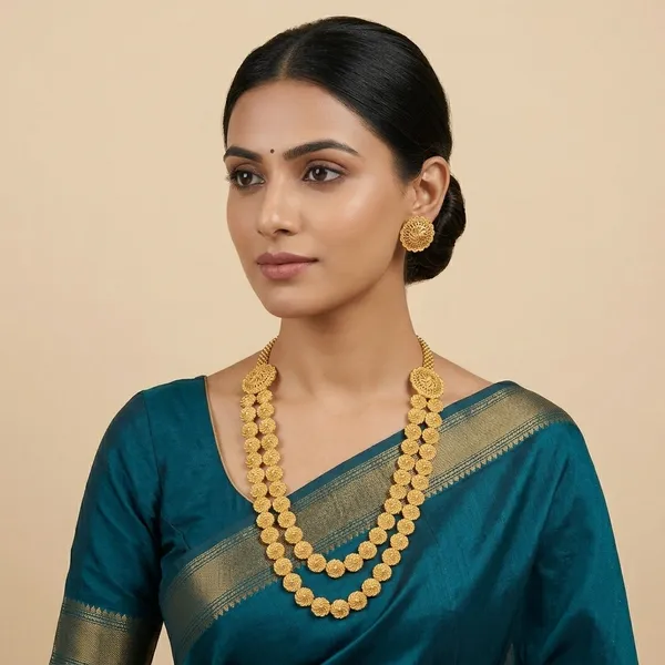 Gold_Micro_Polish_Floral_Medallion_Long_Haar_Necklace_Set_For_Women