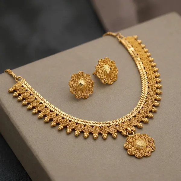 Gold_Micro_Polish_Spiral_Coil_Antique_Short_Haar_Necklace_Set_For_Women