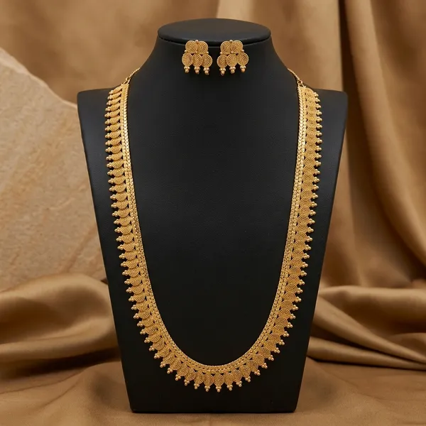Gold_Micro_Polish_Spiral_Motif_Long_Haar_Necklace_Set_For_Women