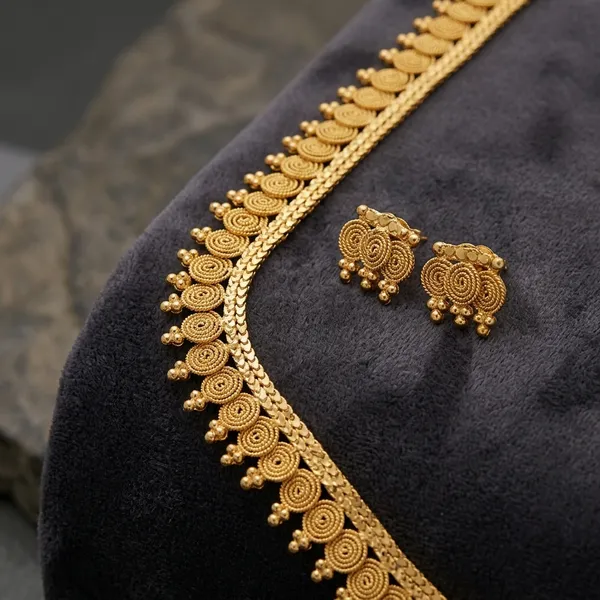 Gold_Micro_Polish_Spiral_Motif_Long_Haar_Necklace_Set_For_Women