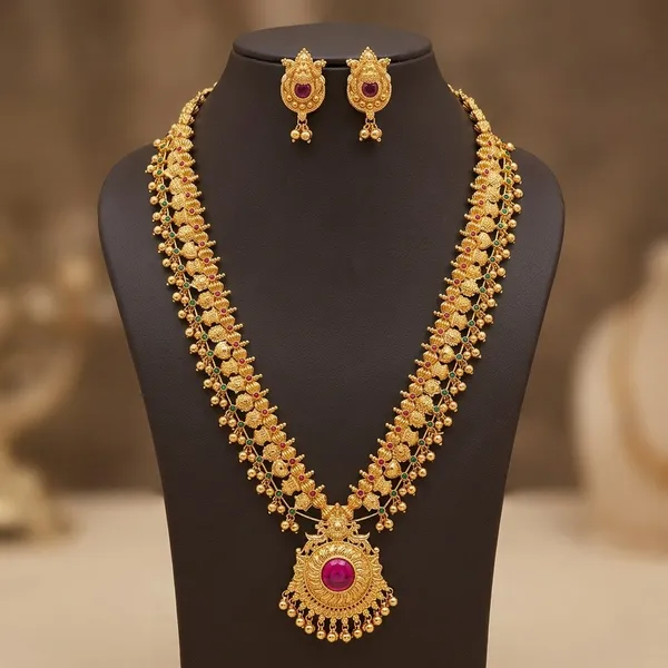 Gold_Plated_Red_Kemp_Stone_Temple_Jewellery_Long_Necklace_Set_For_Women