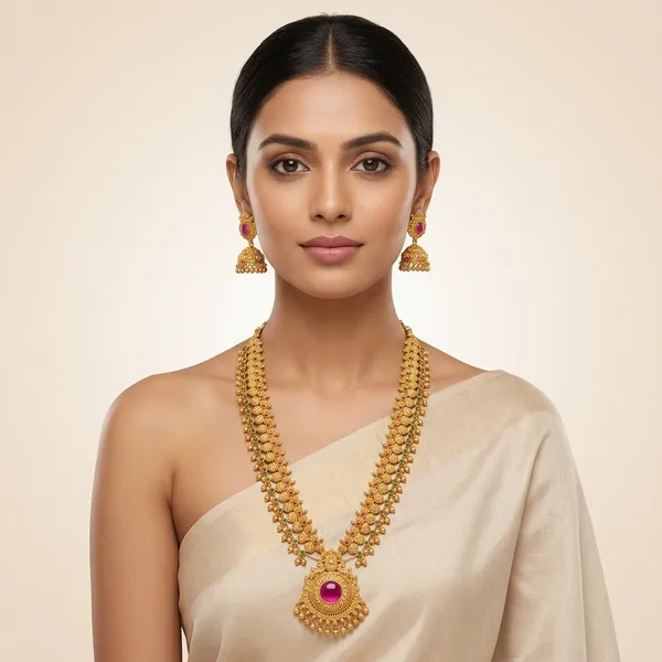 Gold_Plated_Red_Kemp_Stone_Temple_Jewellery_Long_Necklace_Set_For_Women