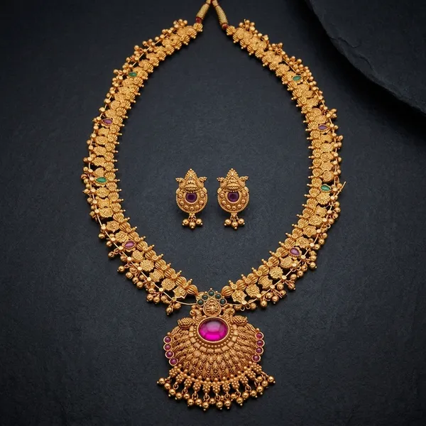Gold_Kolhapuri_Saaj_Gemstone_Long_Necklace_Set_For_Women