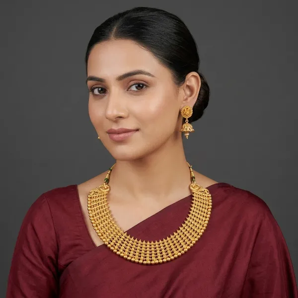 Gold_Micro_Polish_Traditional_Short_Har_Necklace_Set_With_Jhumkas_For_Women