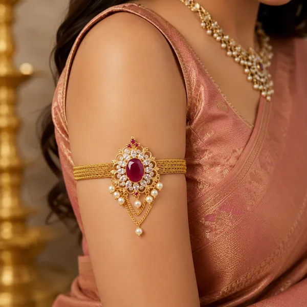 Gold_Plated_Cz_Ruby_Pearl_Floral_Bajuband_Armlet_For_Women