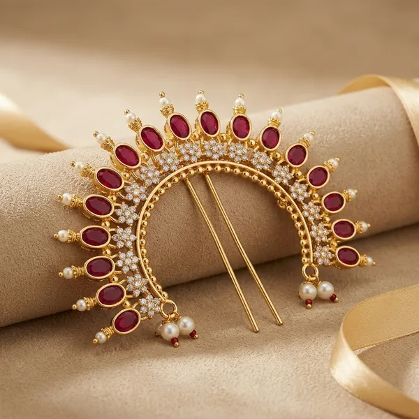 Gold_Plated_Red_Cz_Stone_Crown_Veni_Hair_Accessory_For_Women