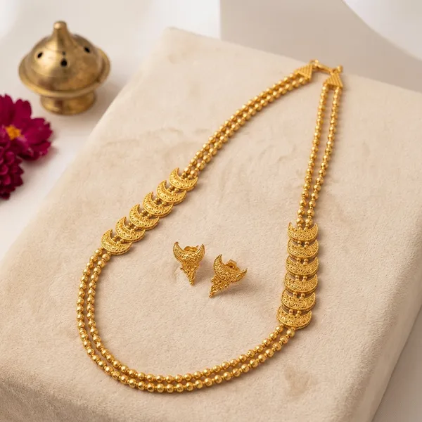 Gold_Micro_Polish_Leaf_Motif_Beaded_Long_Chain_Necklace_Set_For_Women