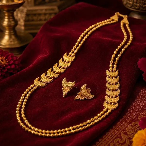 Gold_Micro_Polish_Leaf_Motif_Beaded_Long_Chain_Necklace_Set_For_Women