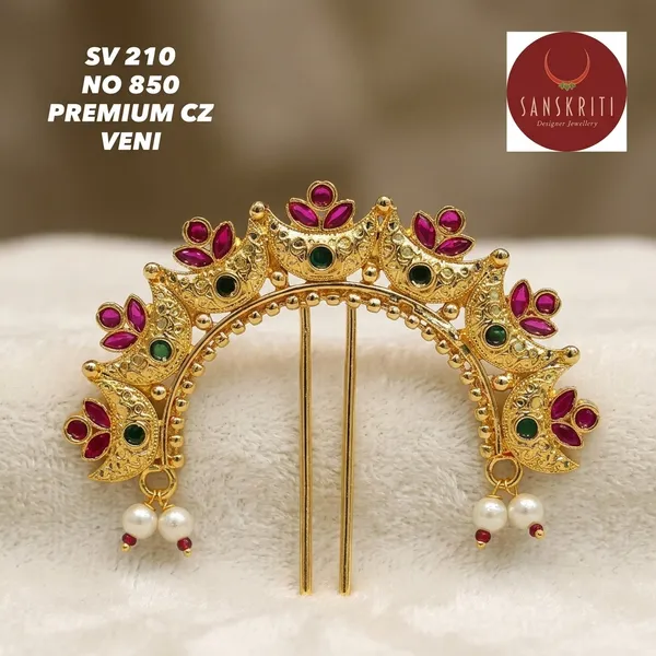 Gold_Plated_Cz_Pink_Green_Stone_Floral_Veni_Hair_Accessory_For_Women