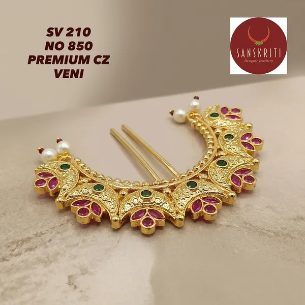Gold_Plated_Cz_Pink_Green_Stone_Floral_Veni_Hair_Accessory_For_Women