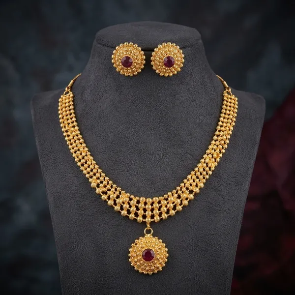 Gold_Micro_Polish_Ruby_Stone_Short_Haar_Necklace_Set_For_Women