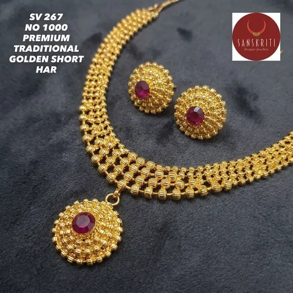 Gold_Micro_Polish_Ruby_Stone_Short_Haar_Necklace_Set_For_Women
