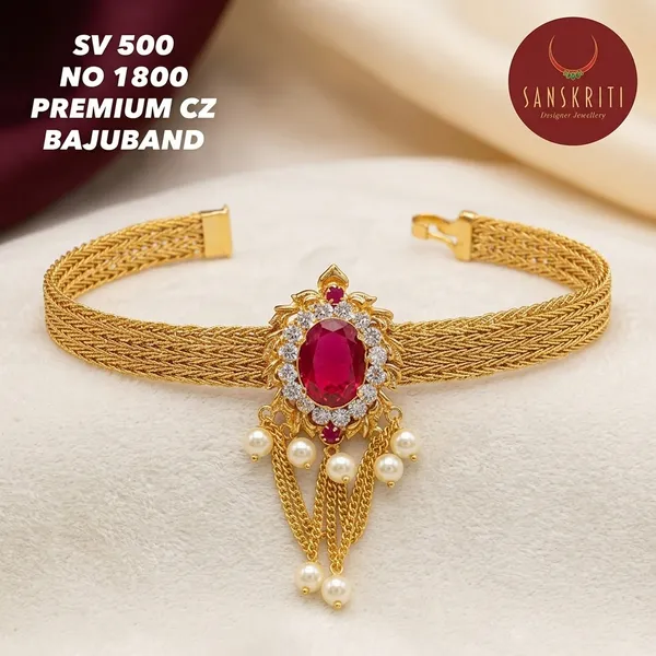 Gold_Plated_Cz_Ruby_Mesh_Chain_Bajuband_Armlet_With_Pearl_Drops_For_Women