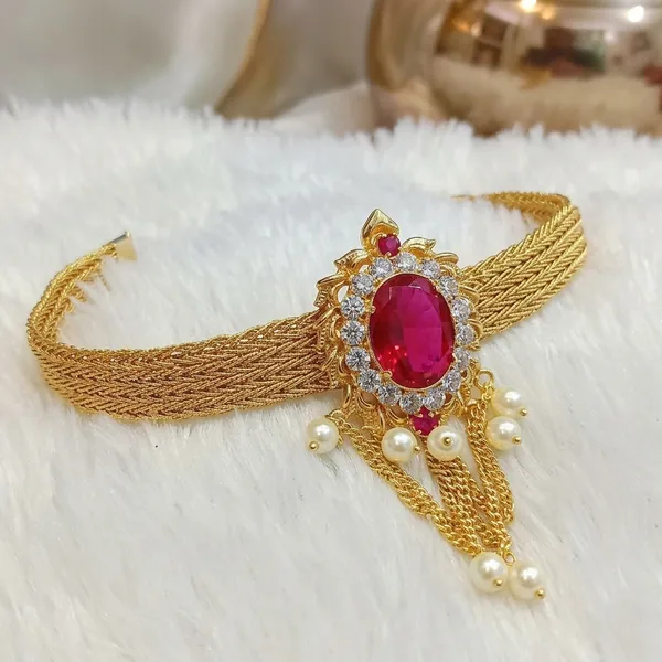 Gold_Plated_Cz_Ruby_Mesh_Chain_Bajuband_Armlet_With_Pearl_Drops_For_Women